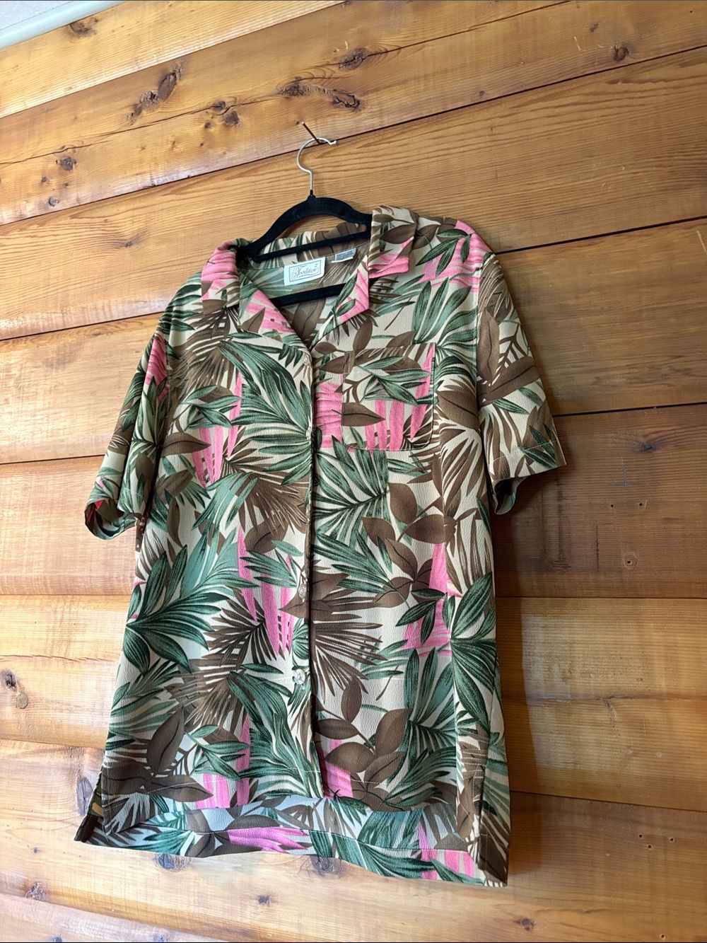 Tradition Tropical Palm Leaf Button Down Shirt, Size 12, 100% Polyester
